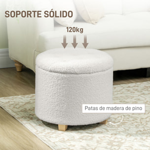 Puff Almacenaje, Baúl de Almacenaje Redondo 40,5L, 45x45x41 cm, Tapizado en Borreguillo, Taburete Reposapiés con Patas de Madera, Asiento Acolchado, para Salón, Dormitorio, Entrada, Blanco