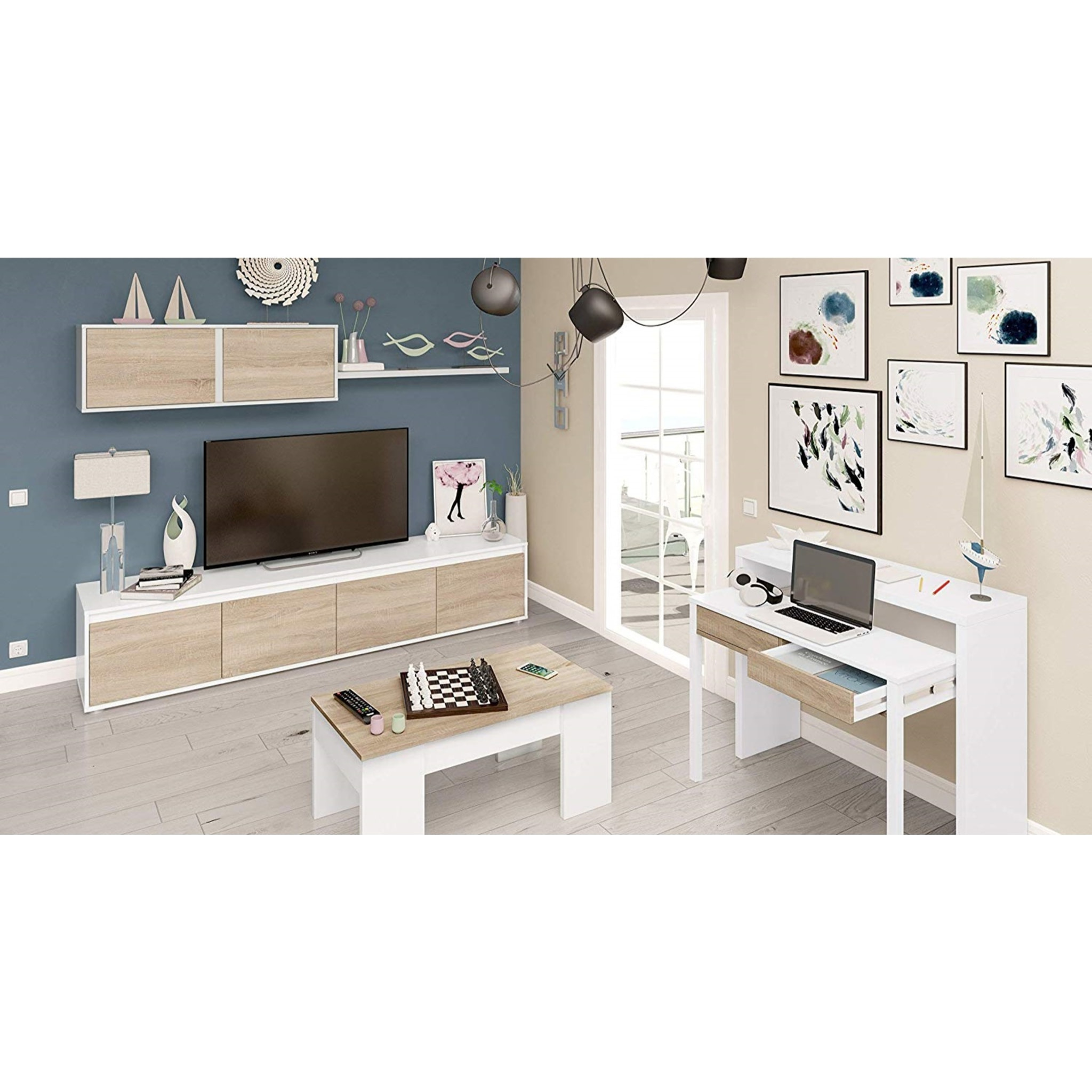 Parete Attrezzata Da Soggiorno Mobile TV 4 ante Pensile Con Pistoni A Gas E Mensola Sospesa Design Moderno Salvaspazio 200 Cm Bianco Lucido E Rovere