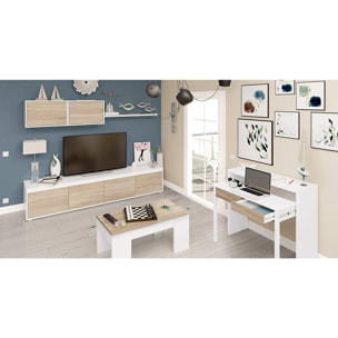Parete Attrezzata Da Soggiorno Mobile TV 4 ante Pensile Con Pistoni A Gas E Mensola Sospesa Design Moderno Salvaspazio 200 Cm Bianco Lucido E Rovere
