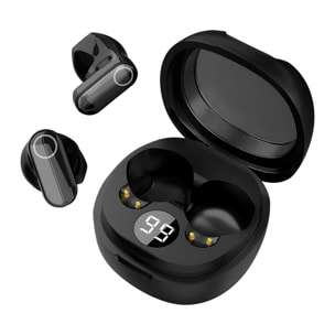 Mini auriculares TWS M400L. Ultracompactos y equilibrados, control táctil con sonido directo, traducción en tiempo real y asistente de voz IA.