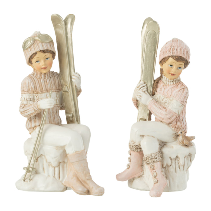 J-Line figurines Fille Et Garçon Ski Assis - polyrésine - blanc/rose - 2 pcs