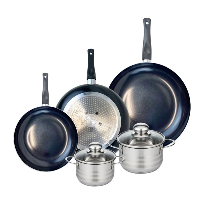 Ensemble de 3 Poêles de cuisson 24, 28 et 32 cm et 2 faitouts 14 et 16 cm Elo Prima Brillant