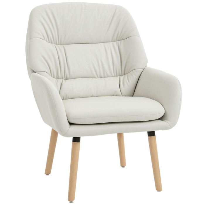 Sillón de Salón Moderno, Butaca de Salón, Acolchado de Doble Capa, Tapizado en Cuero Sintético, Patas de Madera, Sillón de Lectura para Dormitorio, Oficina, Estudio, 68x74x89 cm, Crema