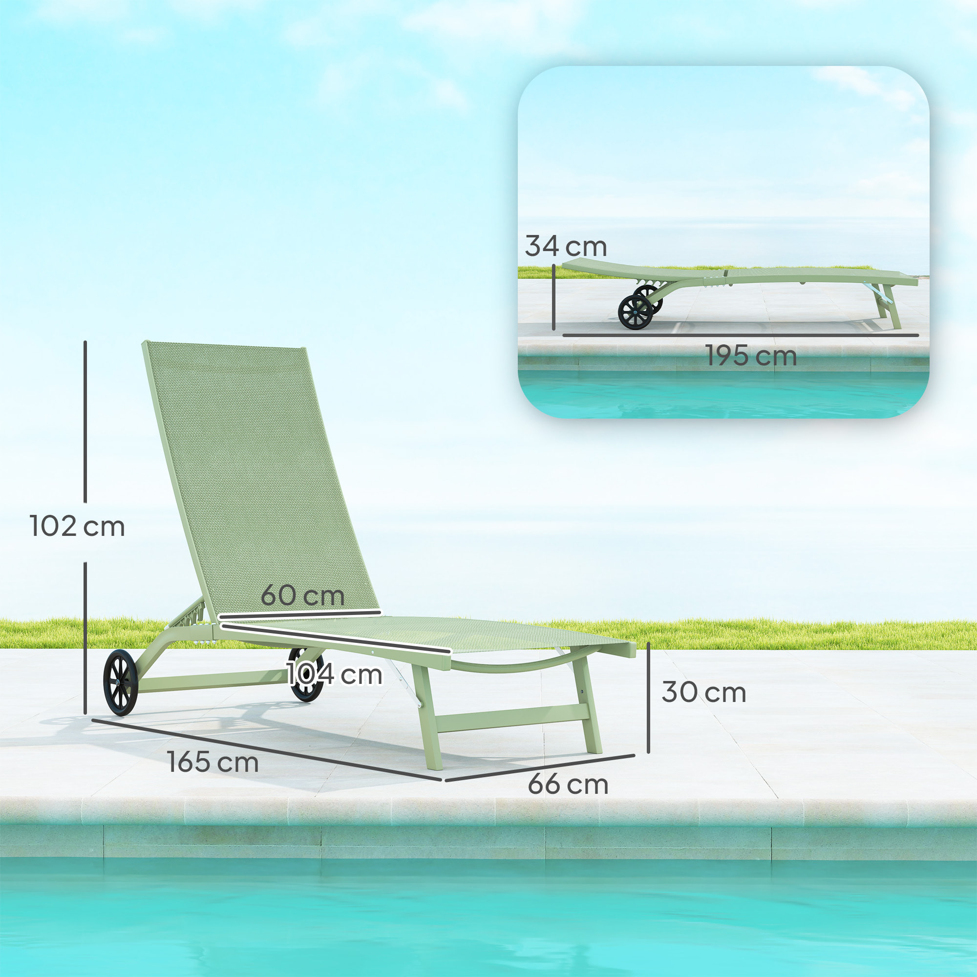 Lot de 2 bains de soleil transats inclinables - 2 roulettes - alu. textilène vert