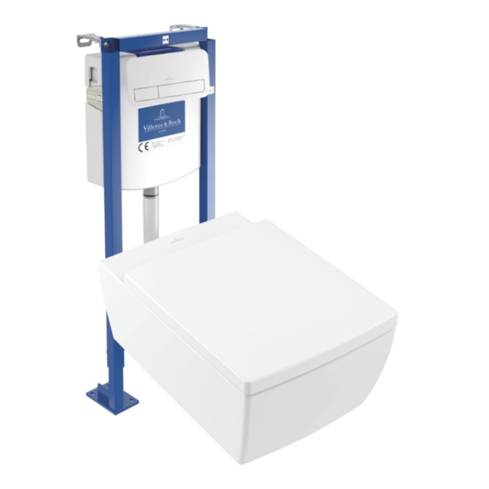 Pack WC suspendu sans bride Memento 2.0 + abattant + plaque blanche + bâti VILLEROY ET BOCH