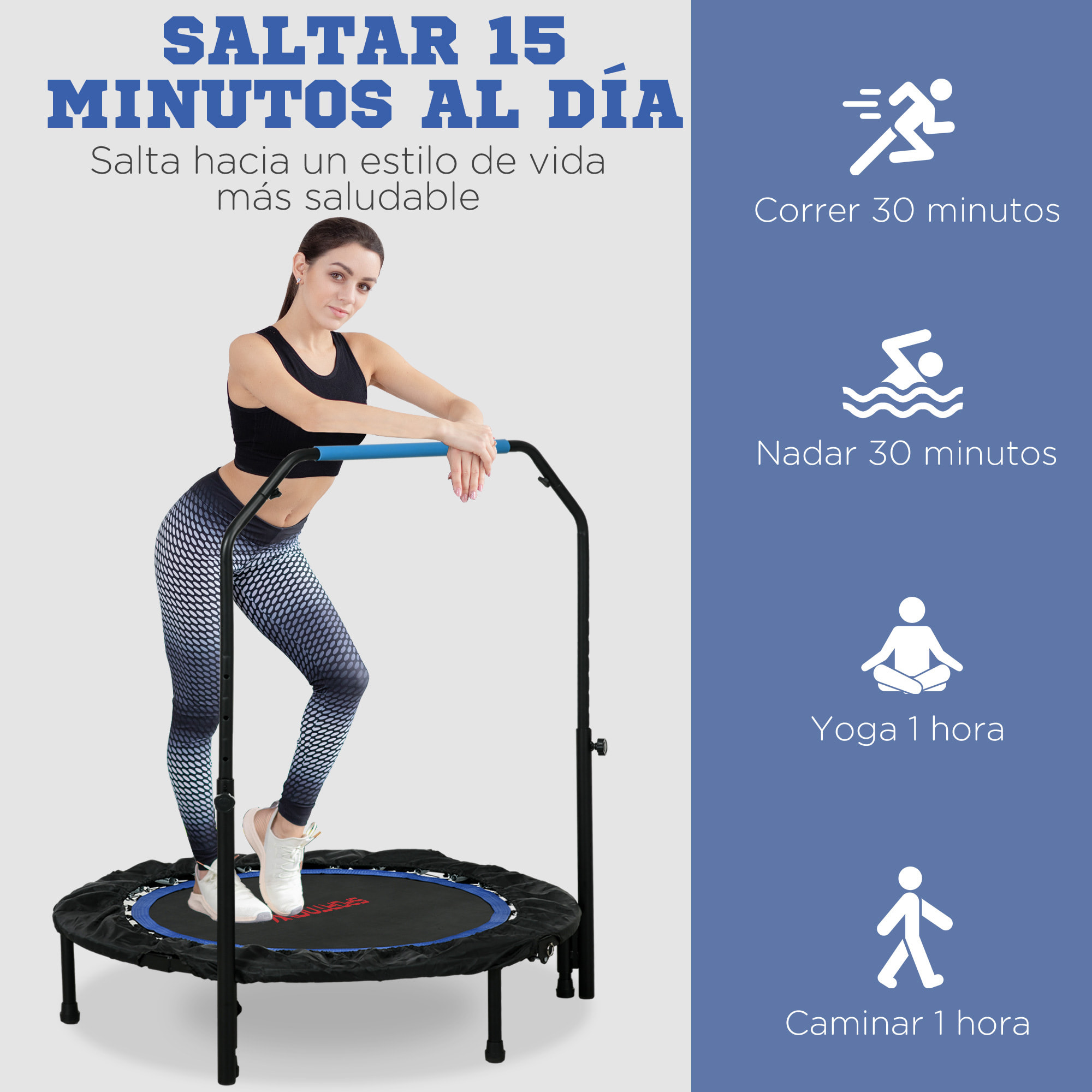 Trampolín de Fitness Ø102 cm Cama Elástica Plegable con Mango Ajustable de 4 Niveles Marco de Acero para Entrenamiento Piernas Cuerpo en Hogar Oficina Gimnasio Azul