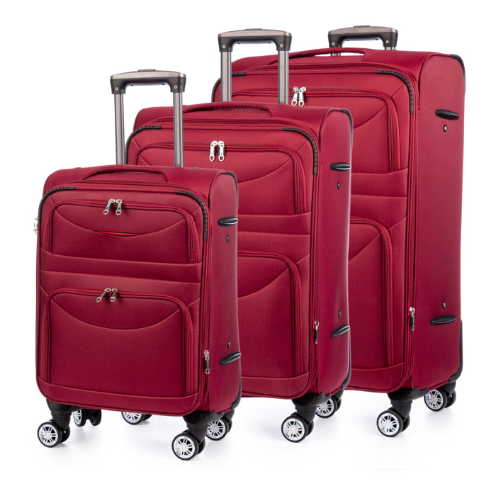 Set di 3 valigie Trolley espandibili in tessuto, semi-rigide. Chiusura numerica, 4 ruote girevoli a 360°.