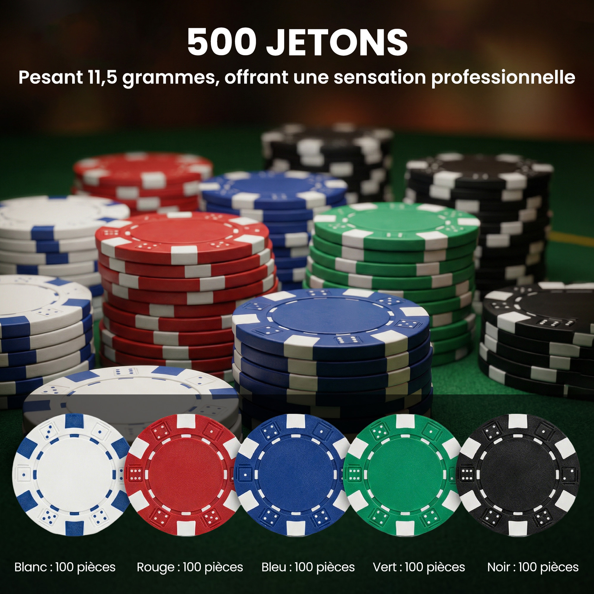 Mallette pro de poker 500 jetons 2 jeux cartes 5 dés 3 boutons sabot mélangeur tapis alu
