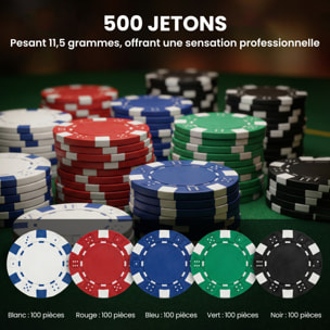 Mallette pro de poker 500 jetons 2 jeux cartes 5 dés 3 boutons sabot mélangeur tapis alu
