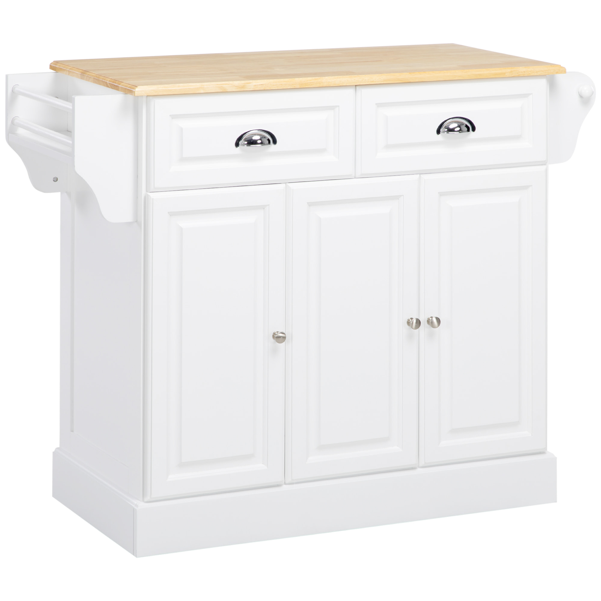 Îlot de cuisine desserte à roulettes - 2 tiroirs, 3 portes, porte-serviette, porte-épices - dim. 110L x 45l x 91H cm - blanc bois