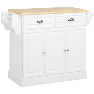 Îlot de cuisine desserte à roulettes - 2 tiroirs, 3 portes, porte-serviette, porte-épices - dim. 110L x 45l x 91H cm - blanc bois