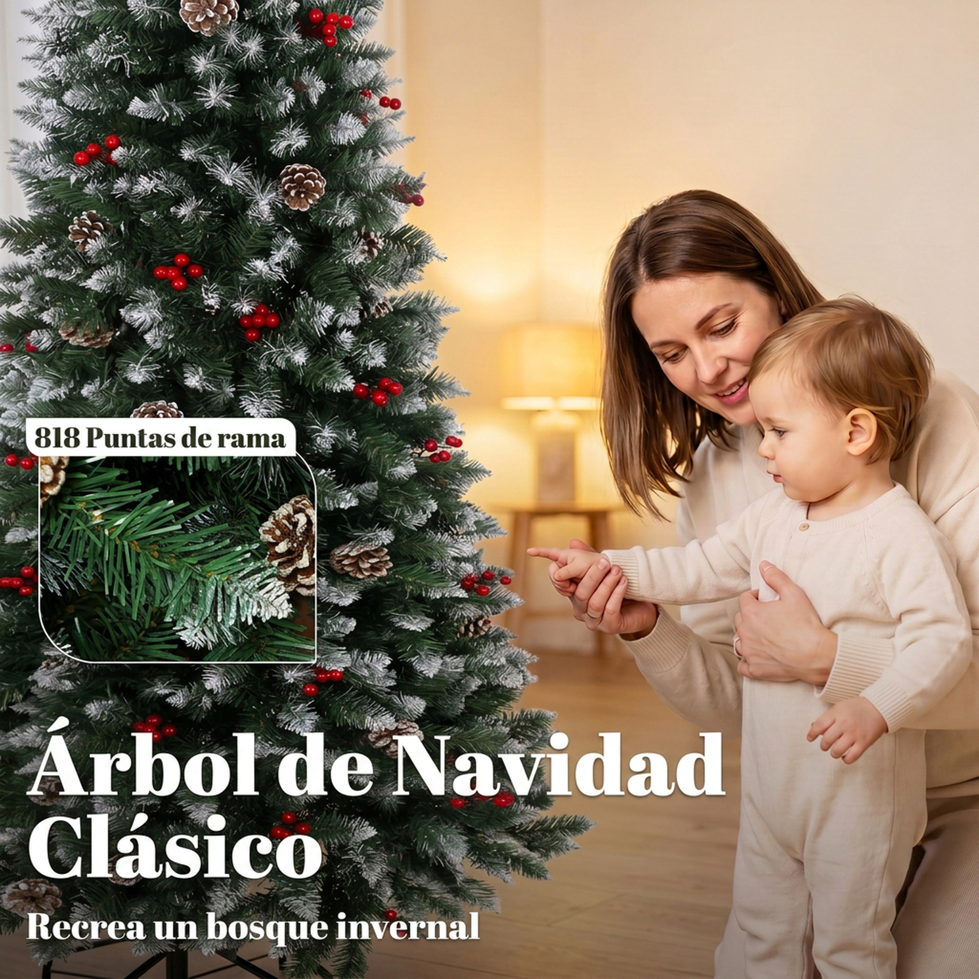 HOMCOM Árbol de Navidad Lápiz 210 cm, Árbol de Navidad Artificial Nevado con 818 Ramas, Bayas Rojas, Piñas, Base Metálica Plegable, Apertura Automática, Decoración Navideña para Salón, Interior, Verde