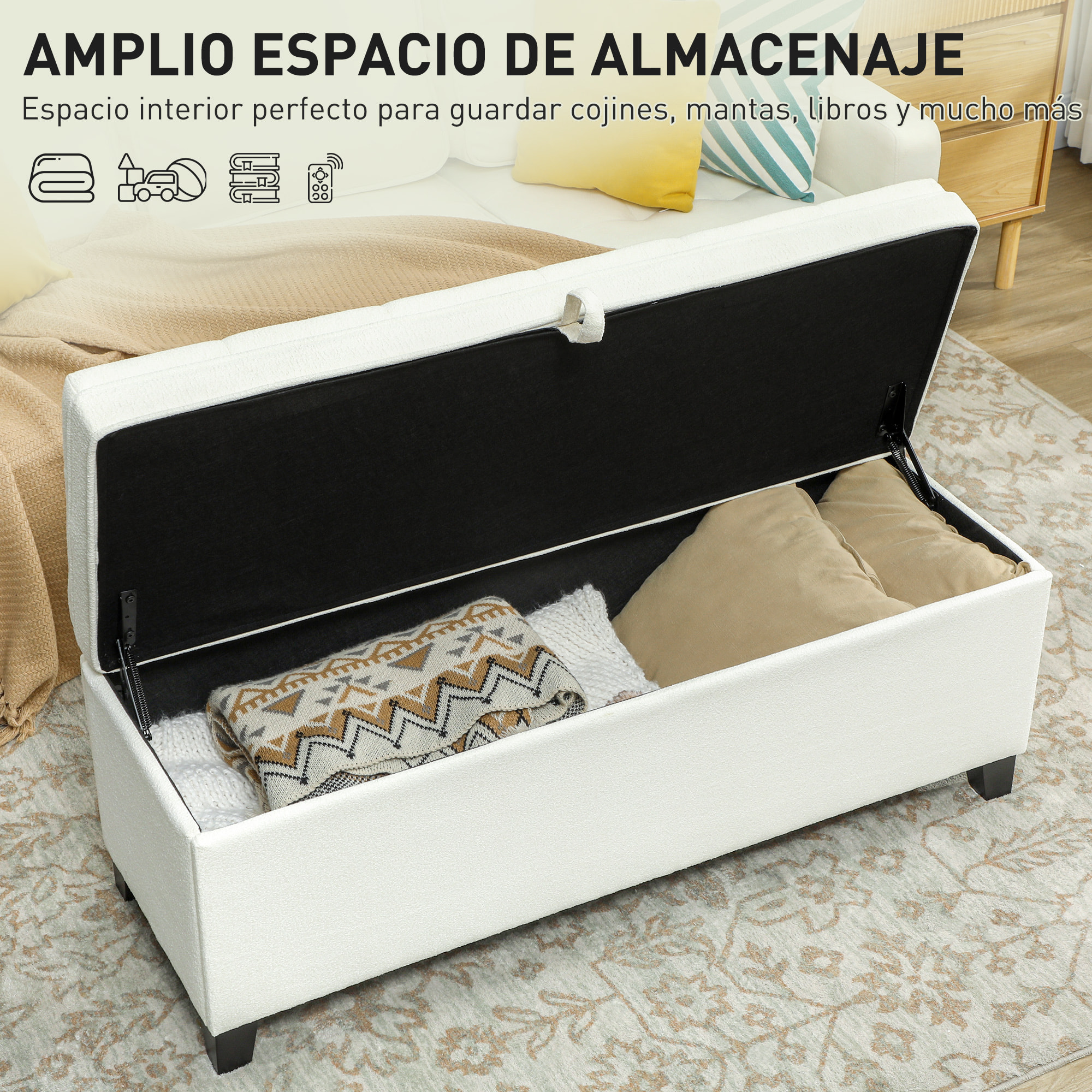 Puff Almacenaje Banco Almacenaje 112L Tapizado en Lino con 2 Bisagras de Seguridad Tapa Abatible y Asiento con Capitoné para Dormitorio Salón Entrada Carga 120 kg 120x40x48 cm Crema