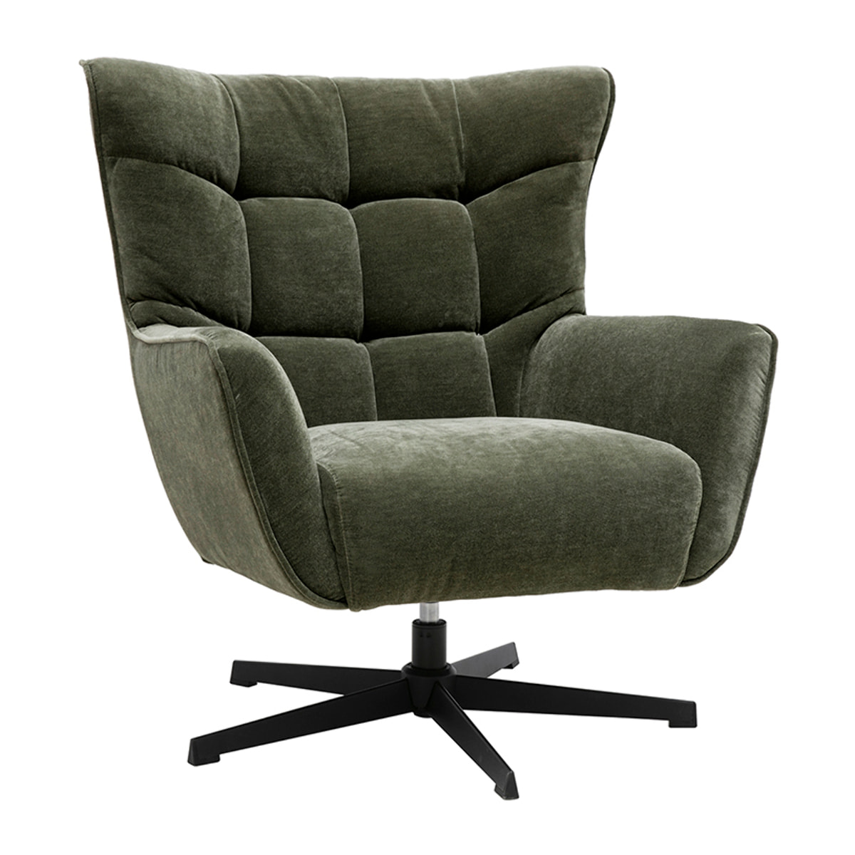 Fauteuil pivotant en tissu effet velours vert kaki et métal AVERY
