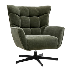 Fauteuil pivotant en tissu effet velours vert kaki et métal AVERY