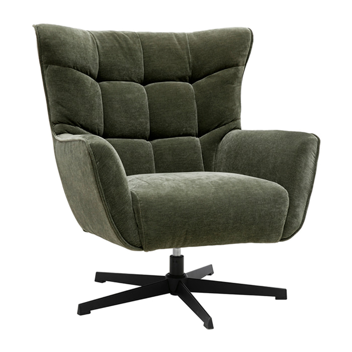 Fauteuil pivotant en tissu effet velours vert kaki et métal AVERY