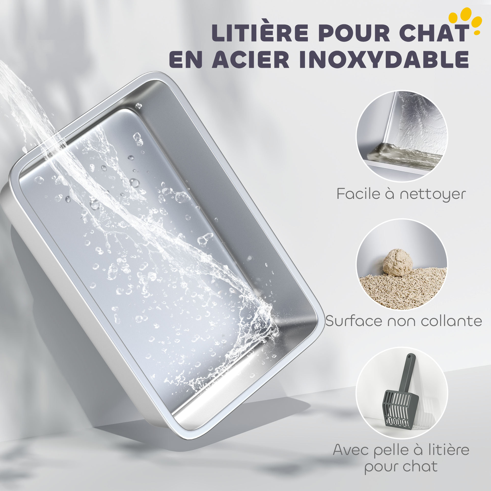 Maison de toilette XXL 85L design - bac à litière grande taille 71 x 50 x 35 cm - acier inox ABS gris