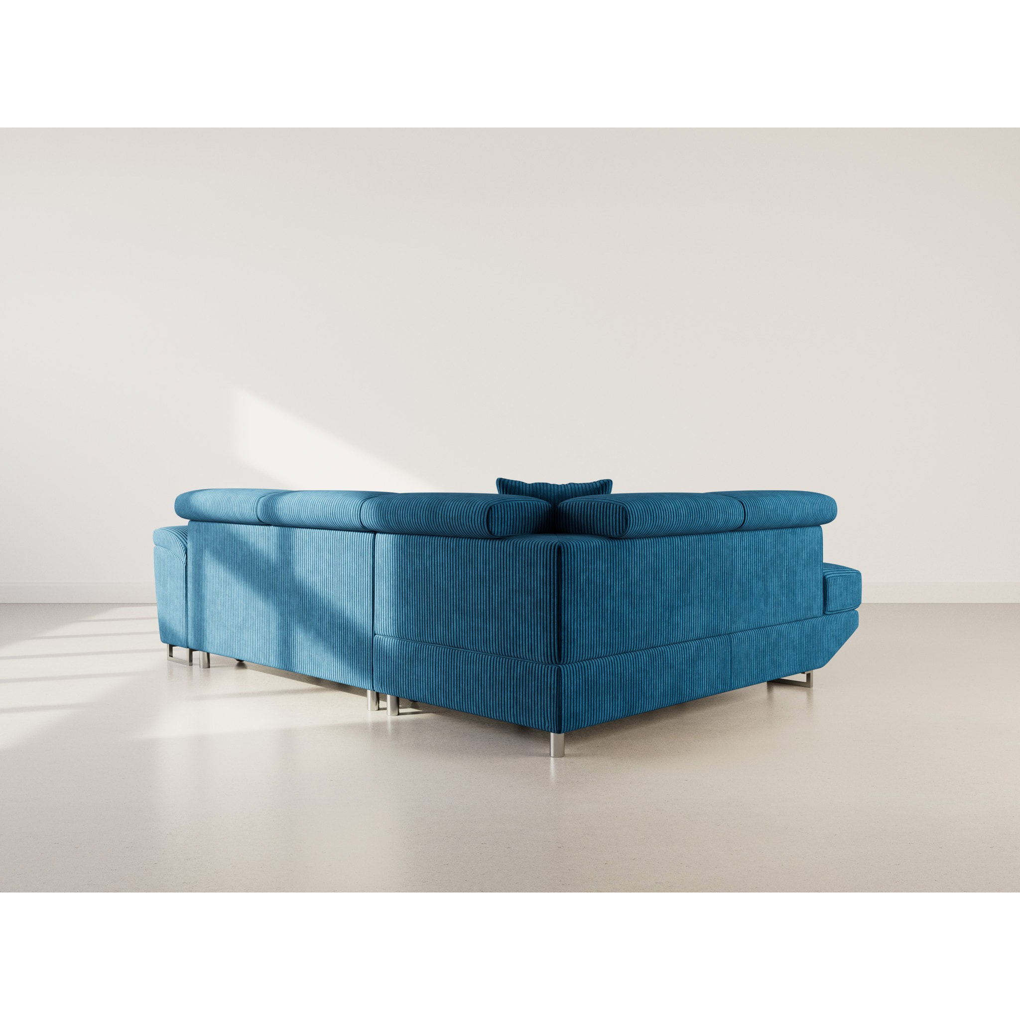 Baoji - Canapé d'angle gauche 5 places convertible avec têtières et coffre en velours côtelé - Bleu