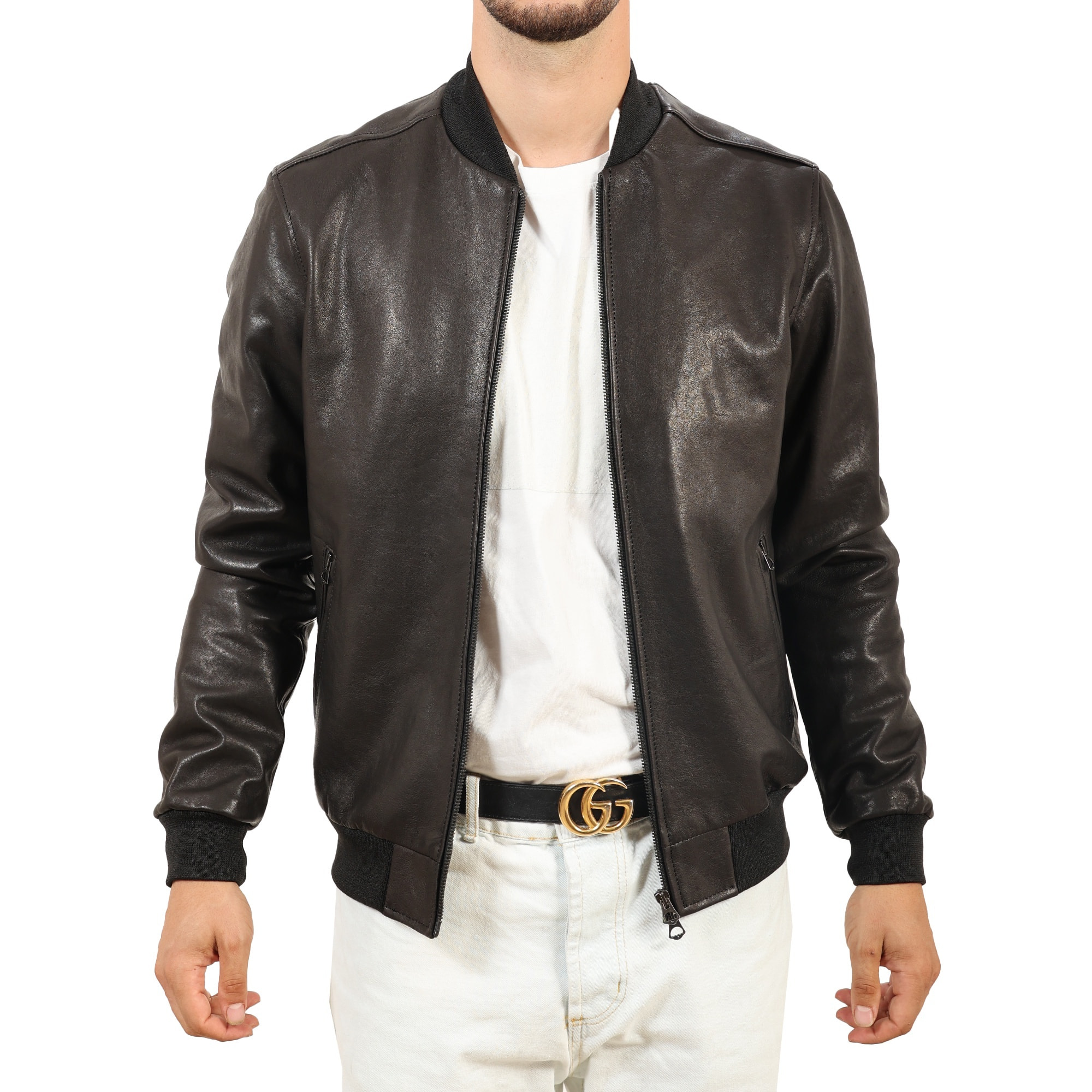 Giubbino in vera pelle di vitello rifinizione vegetale Nero -Slim Fit