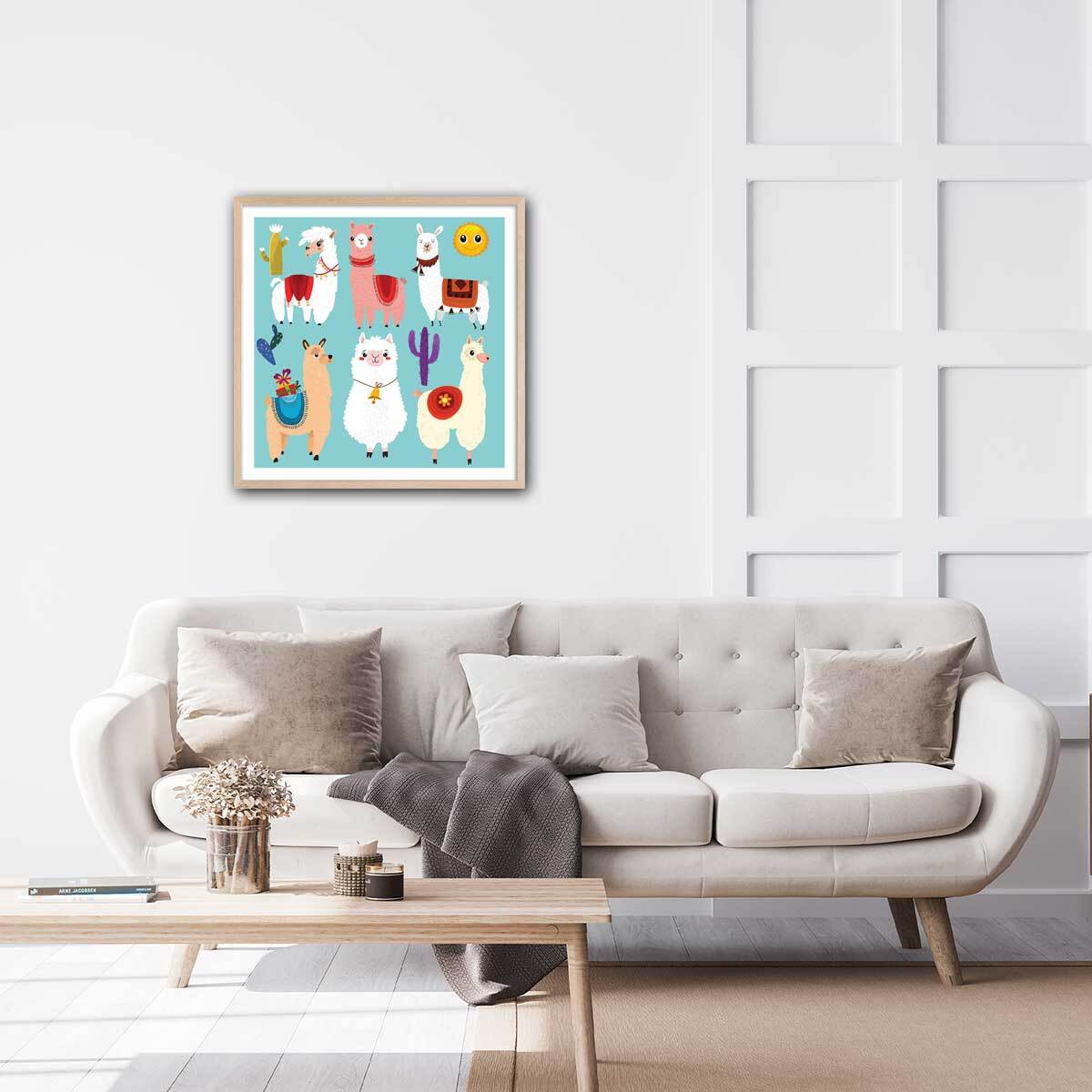 Affiche enfant lamas cartoon alpaga Affiche sous cadre bois