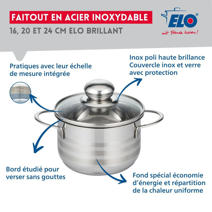 Lot de 3 faitouts en acier inoxydable sans PFAS 16, 20 et 24 cm Elo Brillant