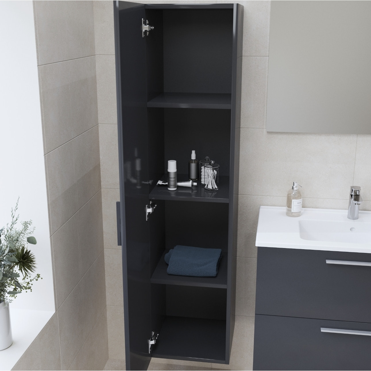 Set Mia ensemble meuble 79x61x39,5 cm  avec miroir, lavabo, éclairage LED + armoire 145x35x35cm, Anthracite brillant