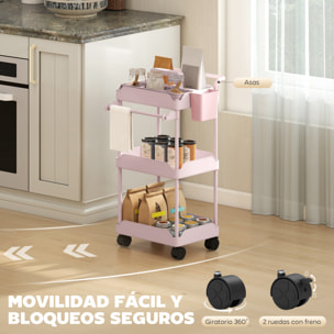 Carrito Auxiliar con Ruedas de 3 Niveles, Carrito de Cocina con Cestas Extraíbles, Ruedas con Freno, Soporte para Toallas y Marco de Metal, Carro de Servicio para Comedor, Salón, Baño, Rosa