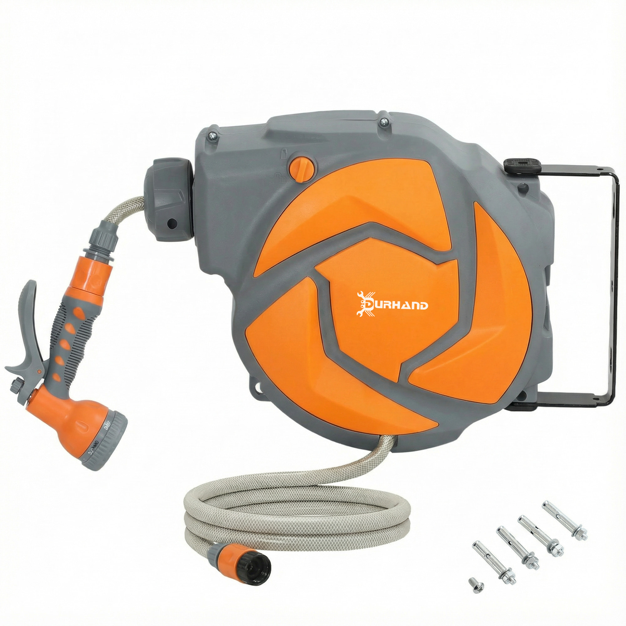 Enrollador de Manguera para Jardín 10+1 m con Boquilla de 7 Funciones, Carrete de Manguera de Jardín de Pared, Giratorio 180°, con Retorno Enrollado Automático, Gris Oscuro y Naranja