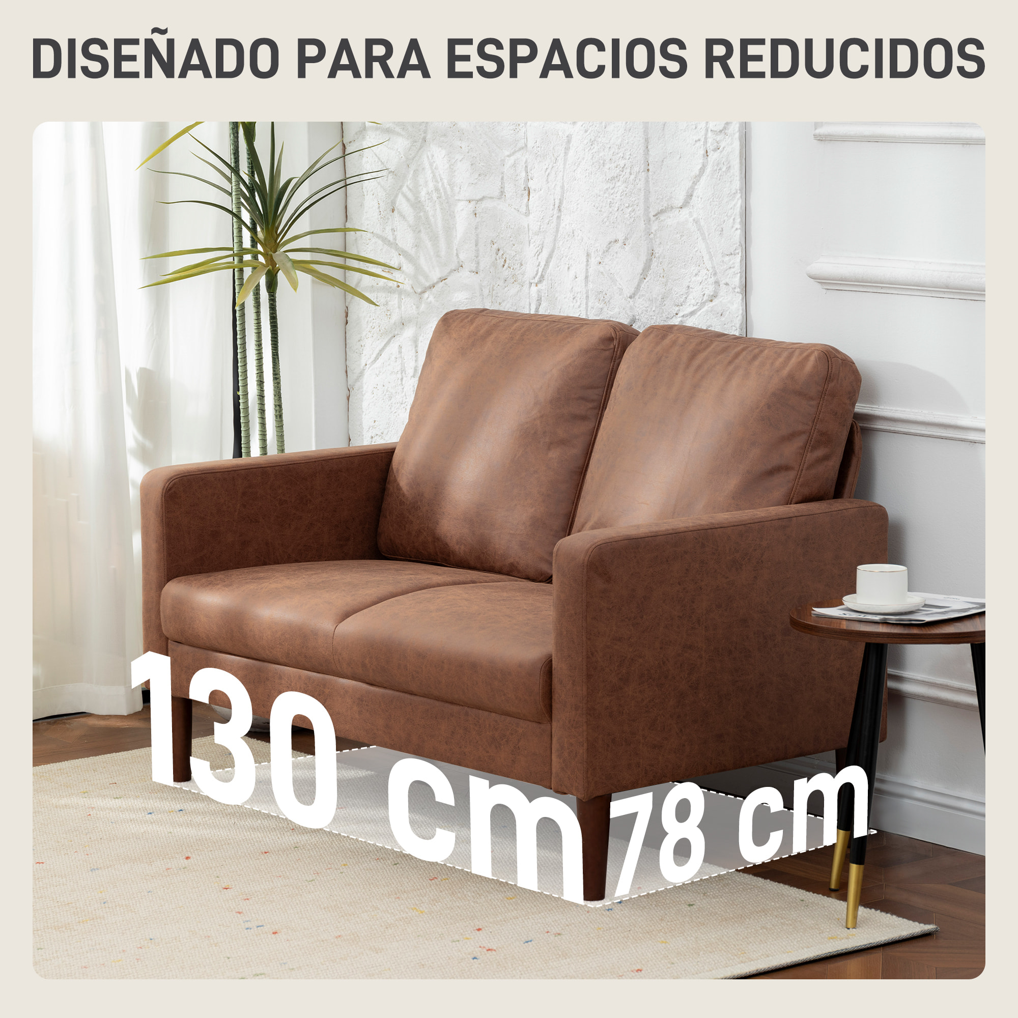 Sofá de 2 Plazas, Tapizado en Microfibra, Sofá Moderno con Patas de Madera, Reposabrazos, para Salón, Dormitorio, Oficina, Sala de Estar, 130x78x85 cm, Marrón