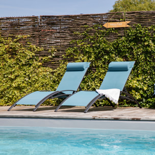 Lot de 2 transats GALAPAGOS en textilène bleu gris - aluminium gris anthracite