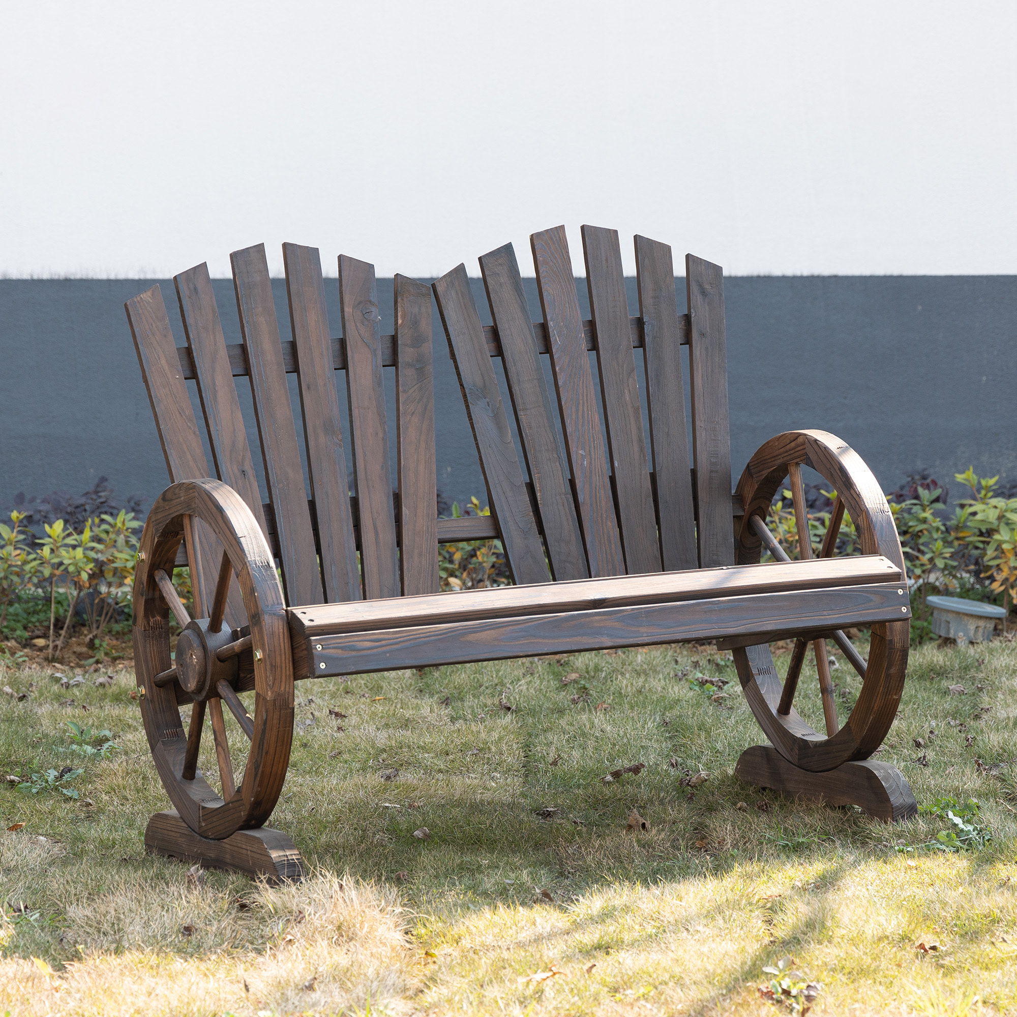 Banc de jardin 2 places Adirondack style rustique chic accoudoirs roues charette bois sapin traité carbonisation