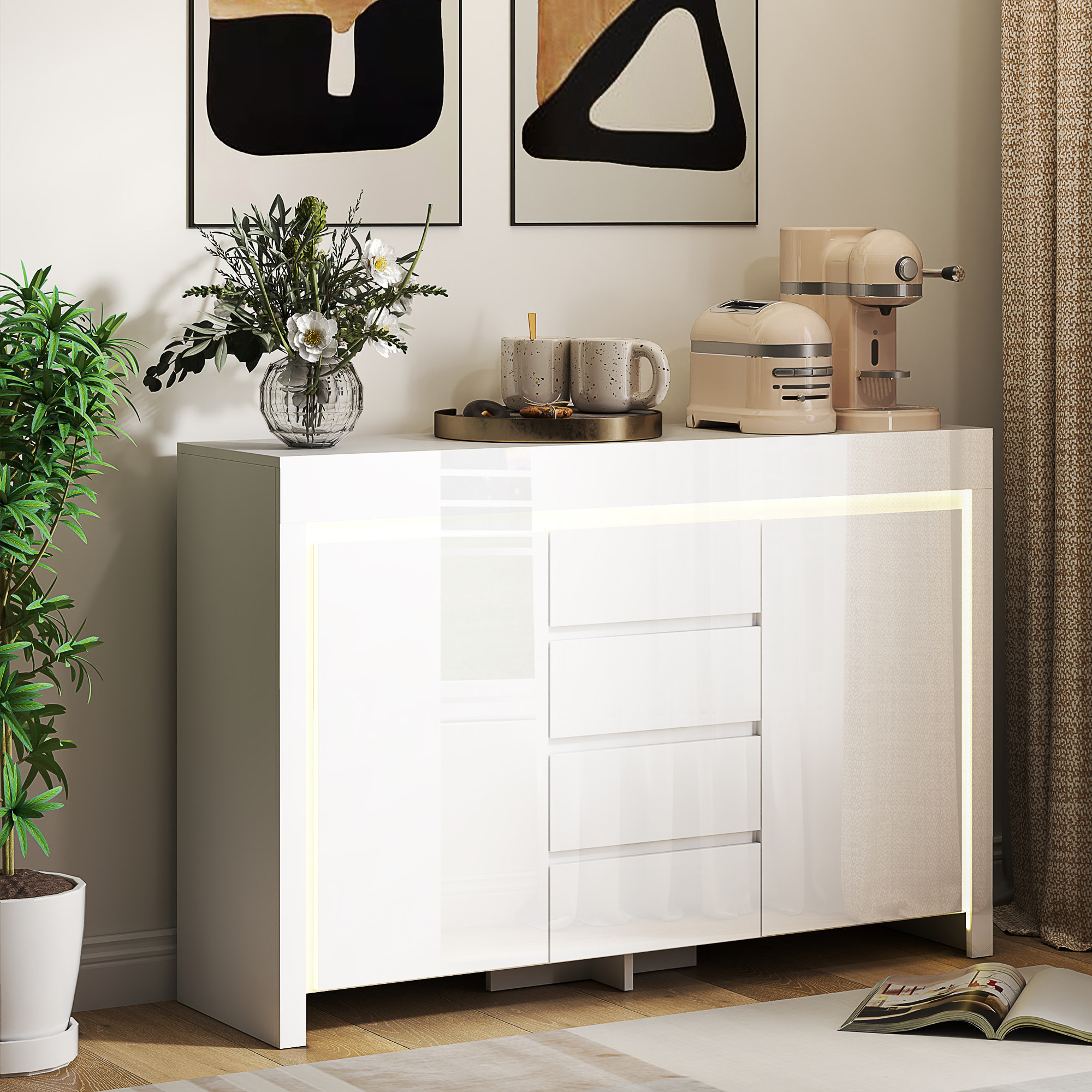 Aparador con Luces LED Aparador de Salón con 4 Cajones Cierre Suave Estantes Ajustables y Mando a Distancia Mueble Aparador de Dormitorio 120x34x80 cm Blanco Brillo