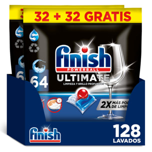 Finish Powerball Ultimate x128 Pastillas para Lavavajillas, Limpieza y Brillo Profundos (Formato 2x 64 Pastillas)