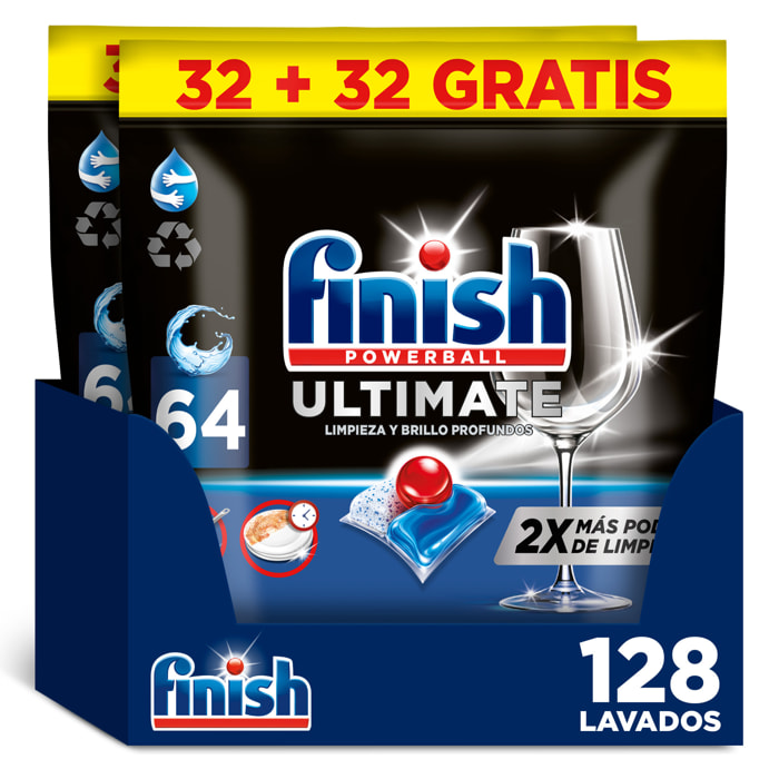 Finish Powerball Ultimate x128 Pastillas para Lavavajillas, Limpieza y Brillo Profundos (Formato 2x 64 Pastillas)