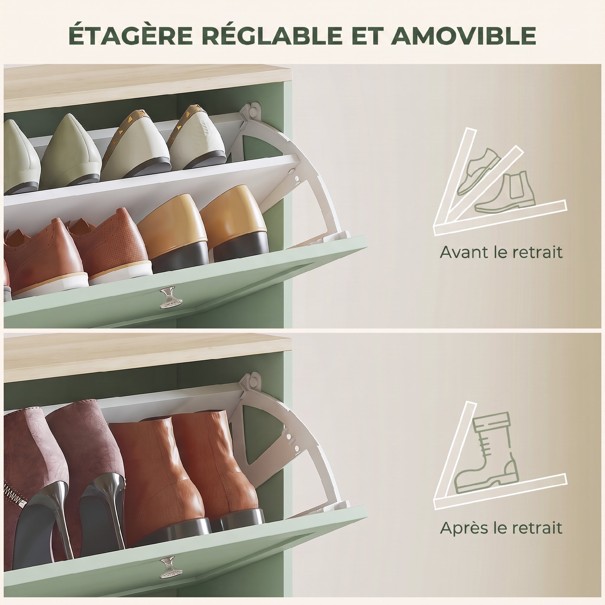 Meuble à chaussures 3 portes battantes style classique chic vert effet bois clair