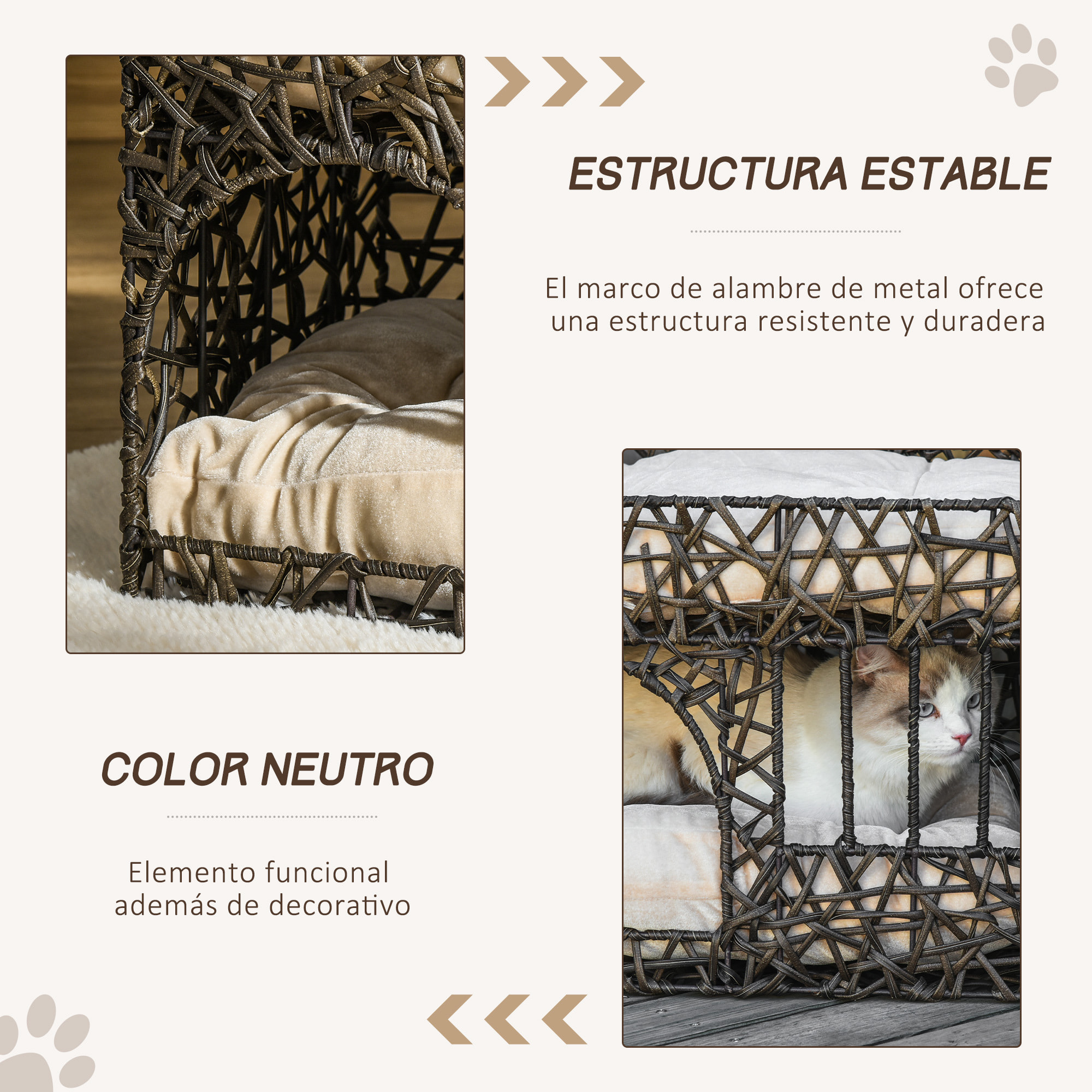 Cesta de Ratán para Gatos de 2 Alturas con 2 Cojines Suaves y Ventana 56x41x45cm