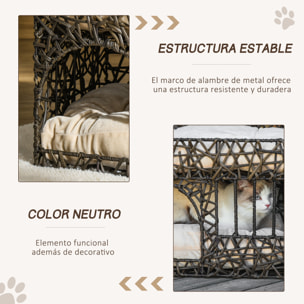 Cesta de Ratán para Gatos de 2 Alturas con 2 Cojines Suaves y Ventana 56x41x45cm