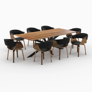 Table et chaises 8 personnes en cuir synthetique noir et bois - Piada
