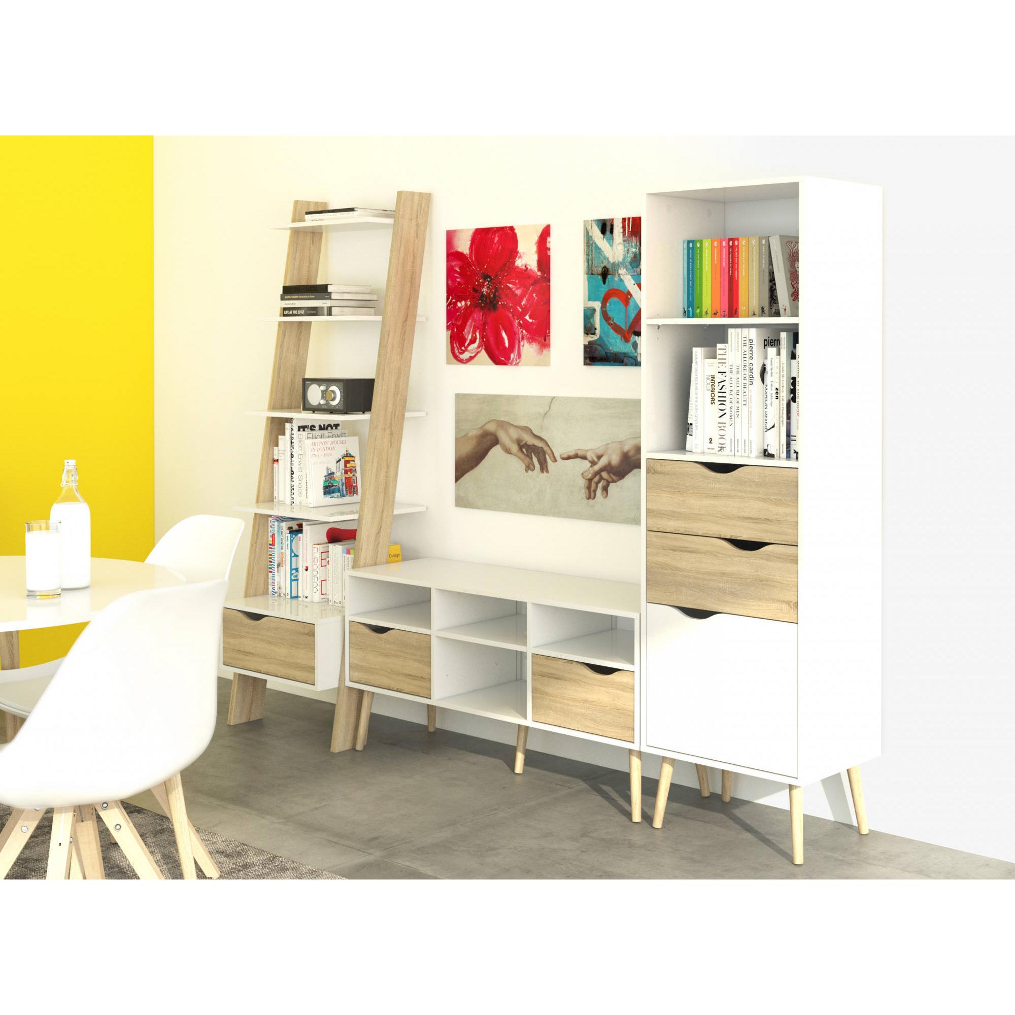 Libreria con un cassetto e quattro ripiani, colore bianco e rovere, cm 55 x 180 x 48.