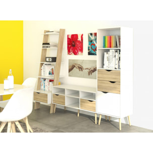 Libreria con un cassetto e quattro ripiani, colore bianco e rovere, cm 55 x 180 x 48.