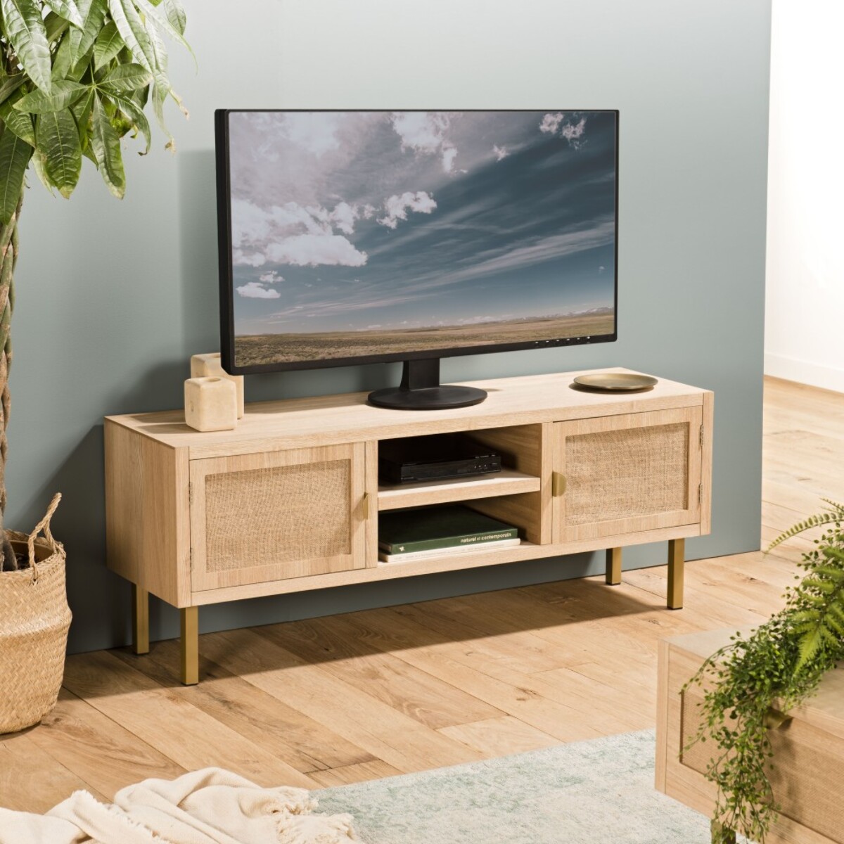 ALINE - Meuble TV 2 niches 2 portes toile de jute pieds métal doré