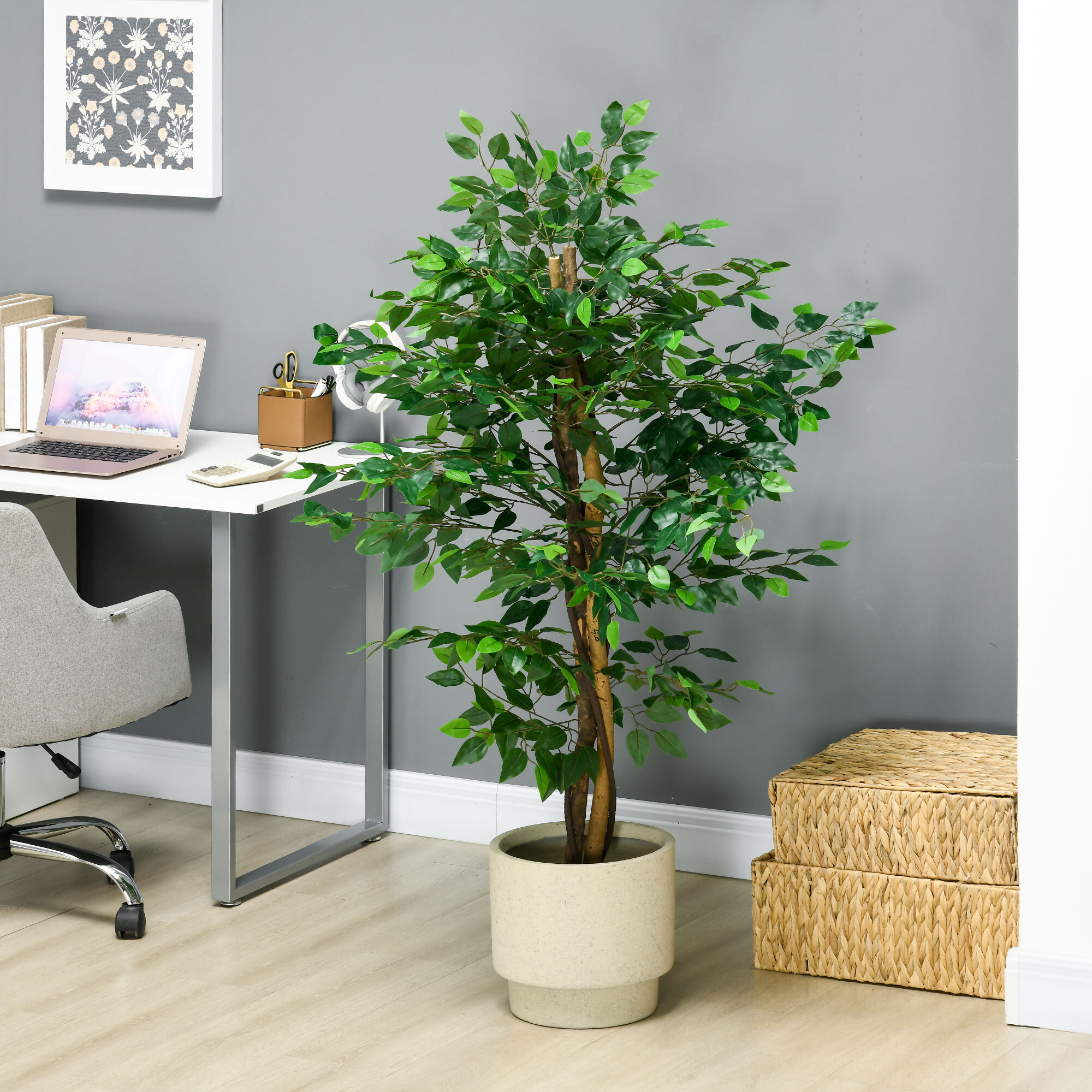 Arbre artificiel plante artificiel ficus hauteur 1,5 m tronc branches liane lichen feuilles grand réalisme pot inclus