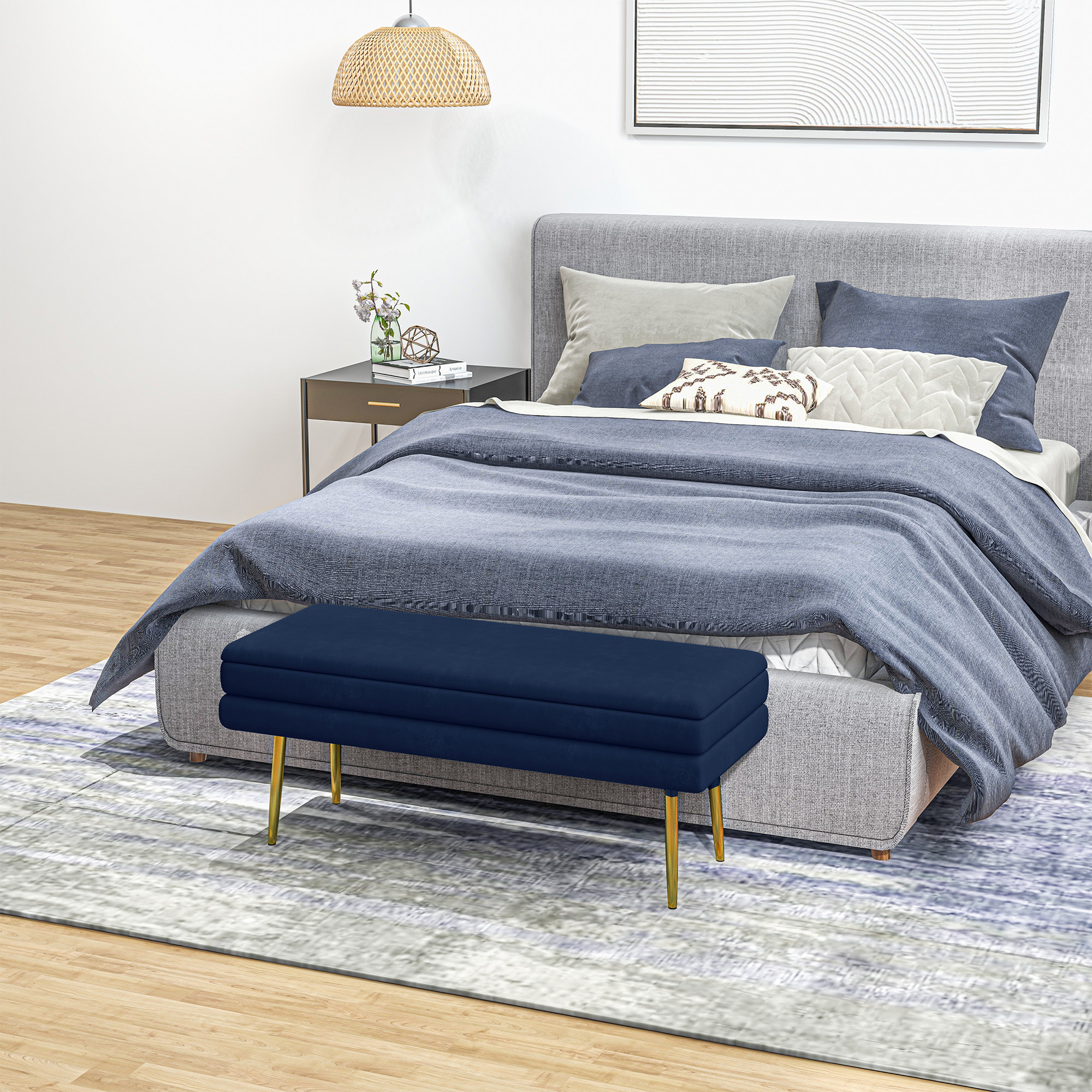 Banquette coffre de rangement 2 en 1 piètement effilé incliné acier doré velours bleu marine