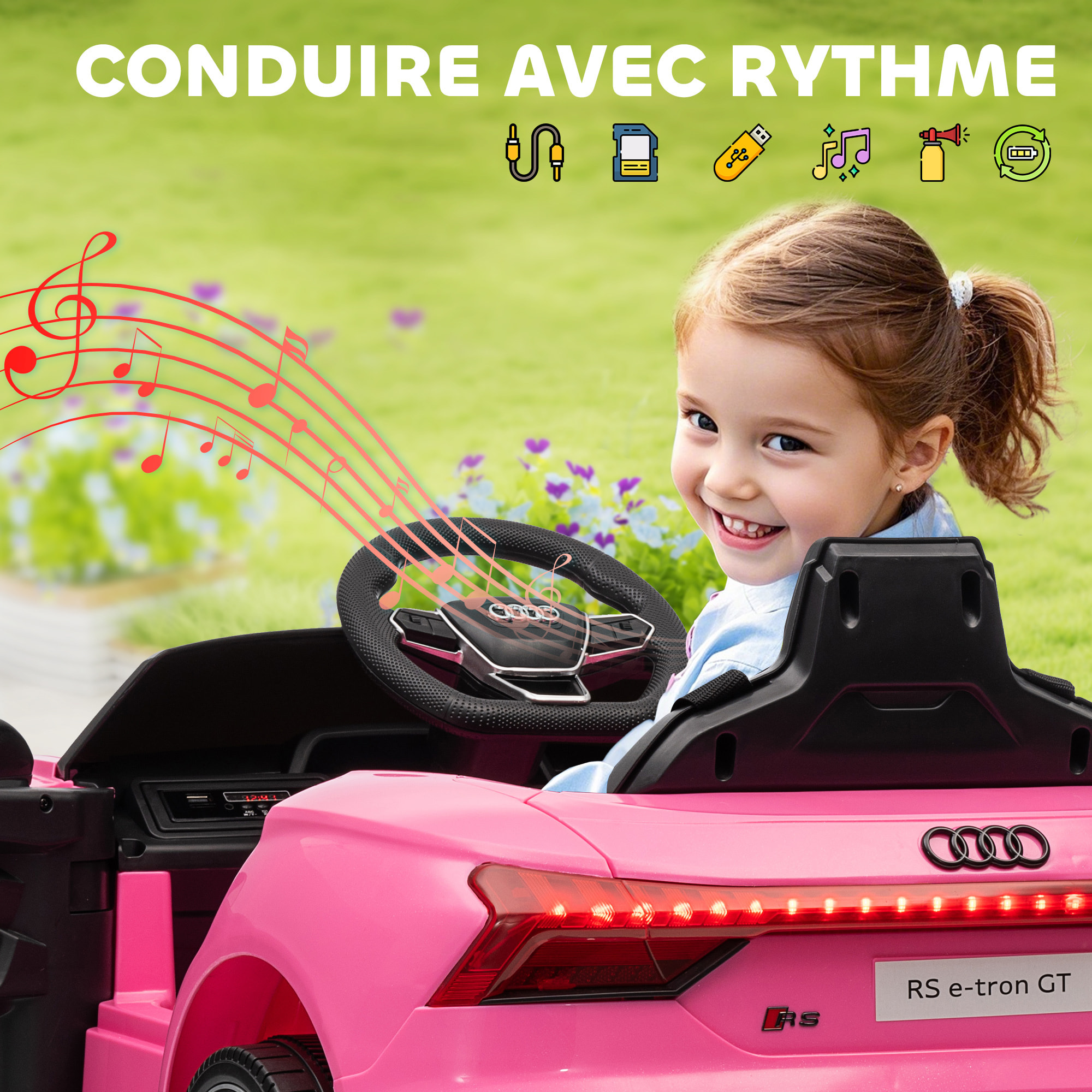 Véhicule électrique enfant Audi RS e-tron GT V. max. 5 Km/h télécommande effets sonores + lumineux rose