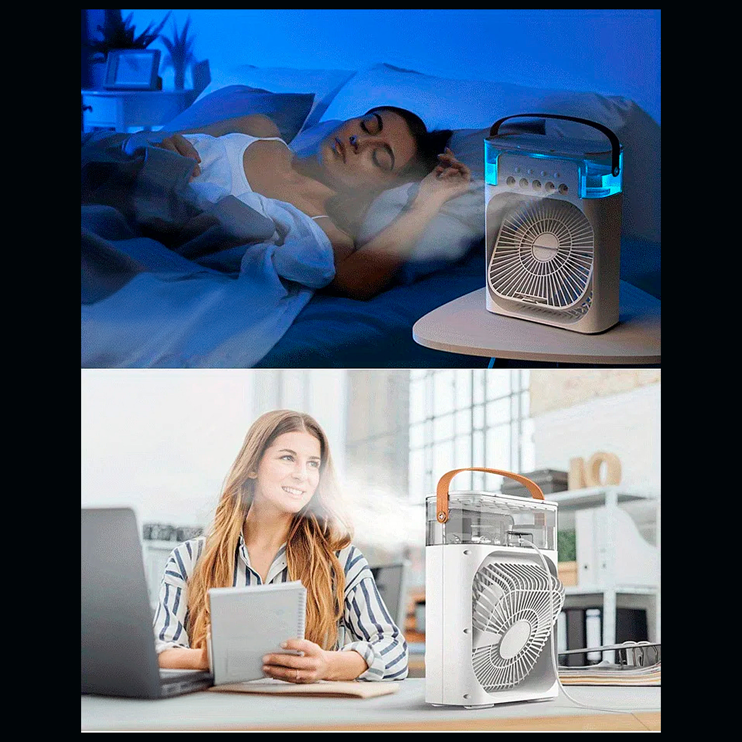 Ventilador de aire frío con 3 intensidades y luz RGB ajustable.