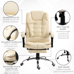 Fauteuil de bureau fauteuil manager grand confort réglable dossier inclinable repose-pied revêtement synthétique crème