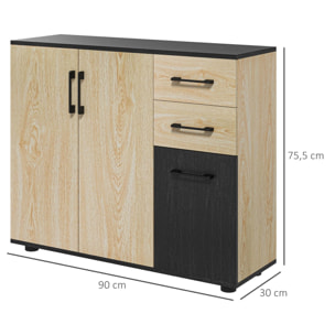 Buffet rangement 3 portes étagère 2 tiroirs coulissants panneaux aspect bois clair noir