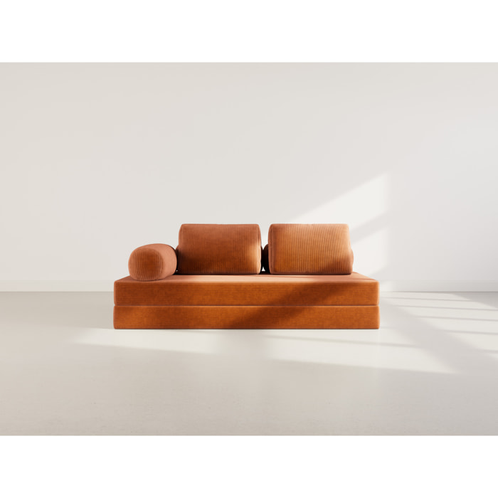 Lonny - Canapé 3 places convertible en velours côtelé - Terracotta