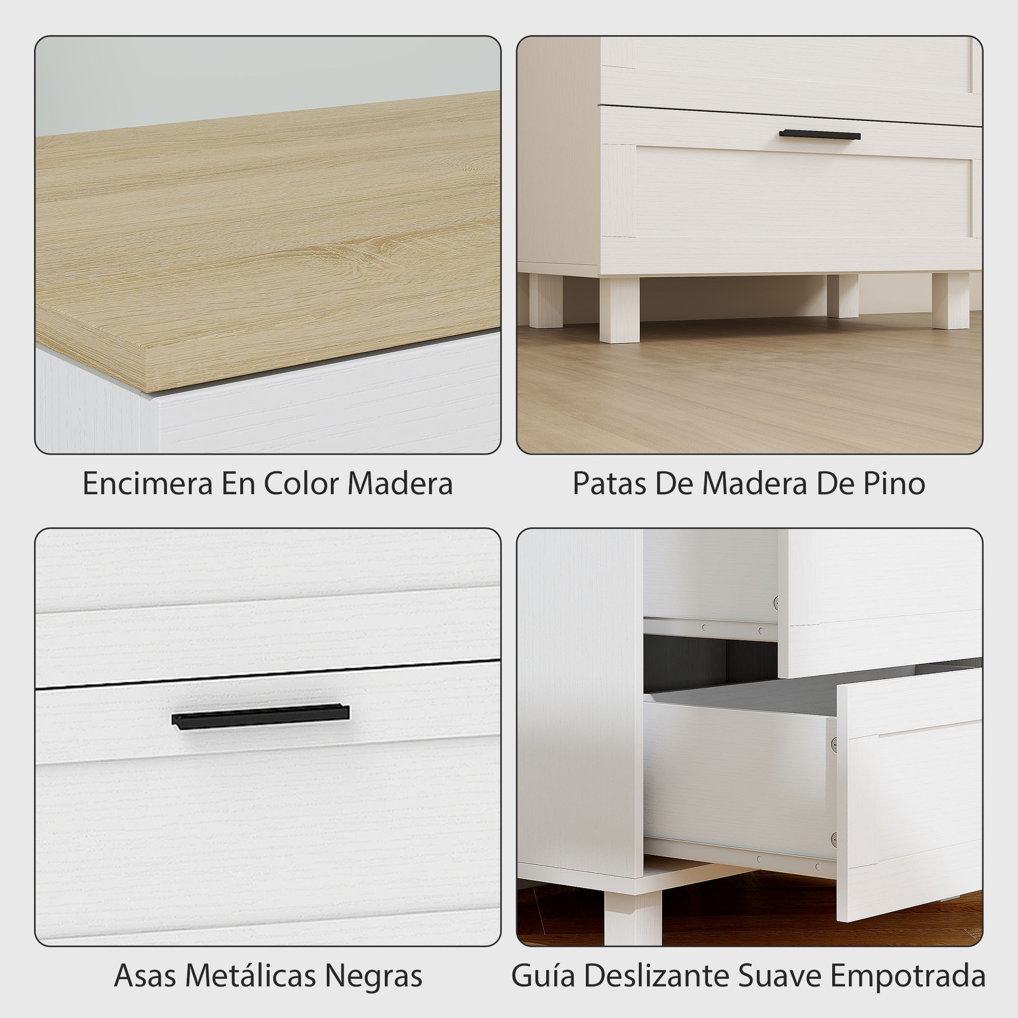 Cómoda Estrecha con 3 Cajones, Cómoda Dormitorio con Patas de Madera, Cajonera para Salón, Oficina, Estilo Moderno, 60x38x71 cm, Blanco
