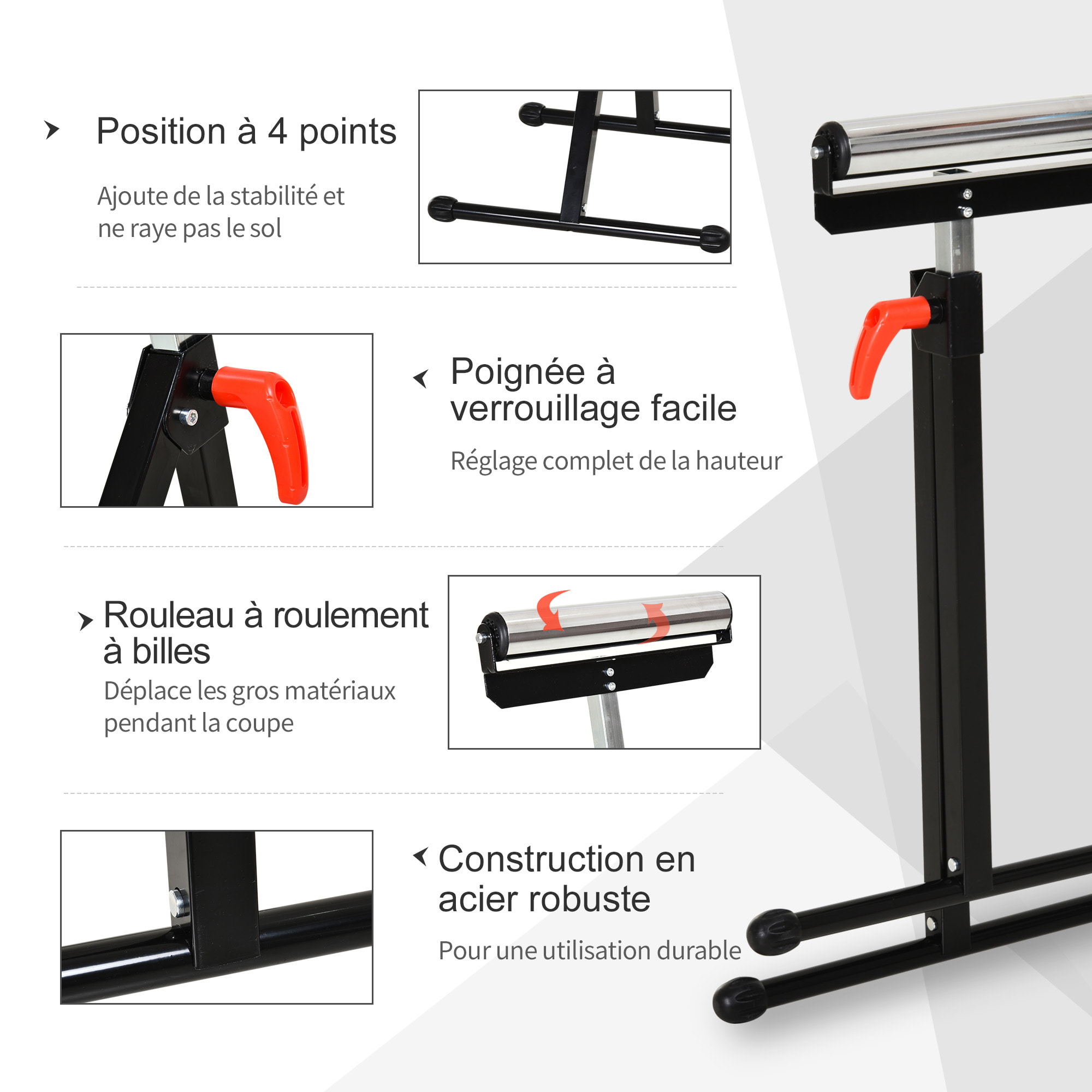Servante à rouleau pliable - servante d'atelier à rouleau - max 90 Kg - H. 68-110 cm - métal rouge noir
